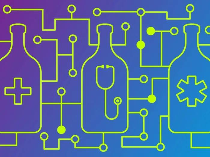 Graphic of bottles connected by lines by Justine Ross, Michigan Medicine