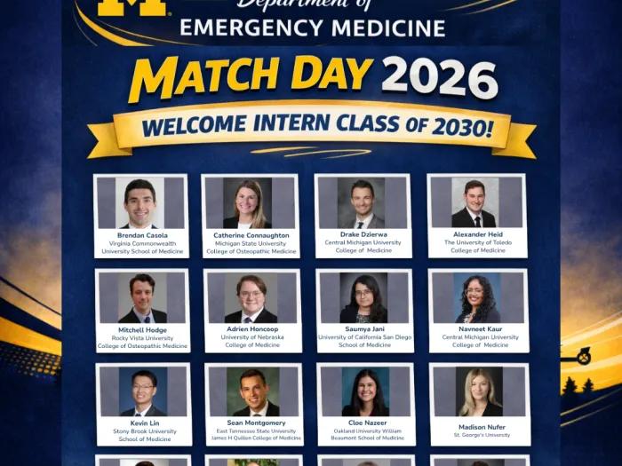 Graphic celebrating Match Day 2026 for the University of Michigan Department of Emergency Medicine, welcoming the Intern Class of 2030. The design features a blue and maize background with the Block M logo and a city skyline. Sixteen resident headshots are arranged in a 4-by-4 grid, each labeled with the individual’s name and medical school: Brendan Casola (Virginia Commonwealth University School of Medicine), Catherine Connaughton (Michigan State University College of Osteopathic Medicine), Drake Dzierwa (
