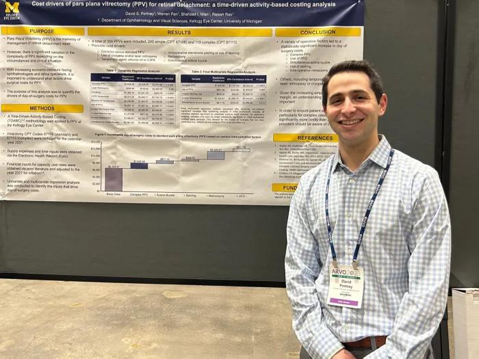 Ophthalmology resident standing in front of their research poster at the ARVO annual meeting