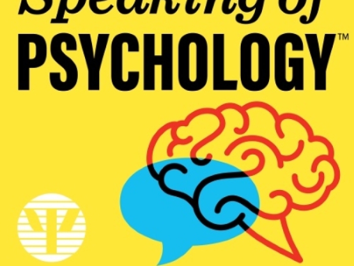Speaking of Psychology logo has a yellow background and depicts a brain and a speech bubble that look to be in conversation with one another