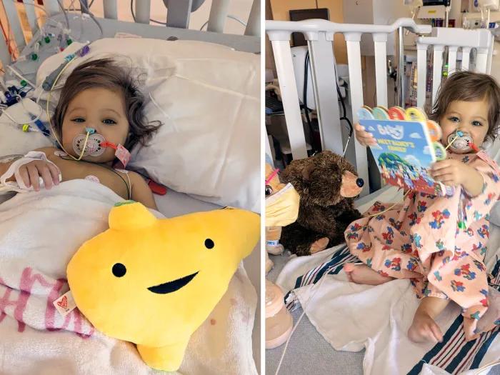 little girl in hospital bed with liver pillow