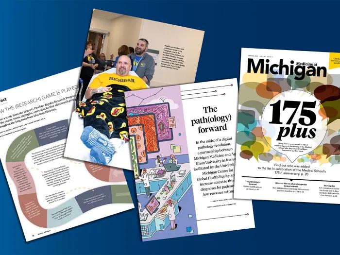 Collage of pages from the current issue of Medicine at Michigan magazine.
