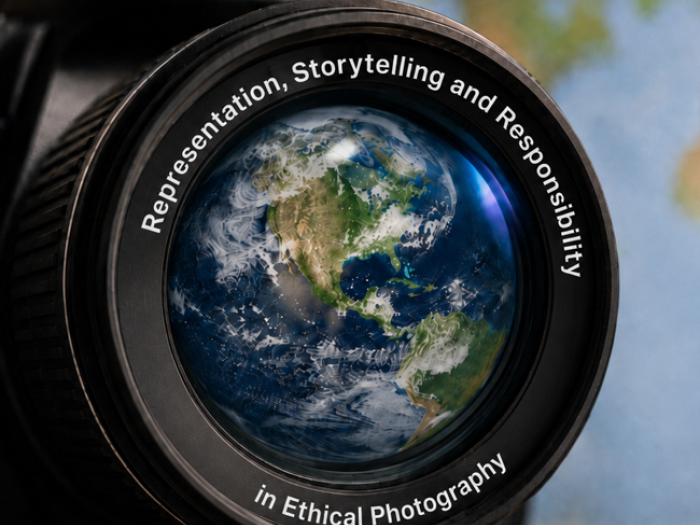 illustration of the world reflected in a camera lens