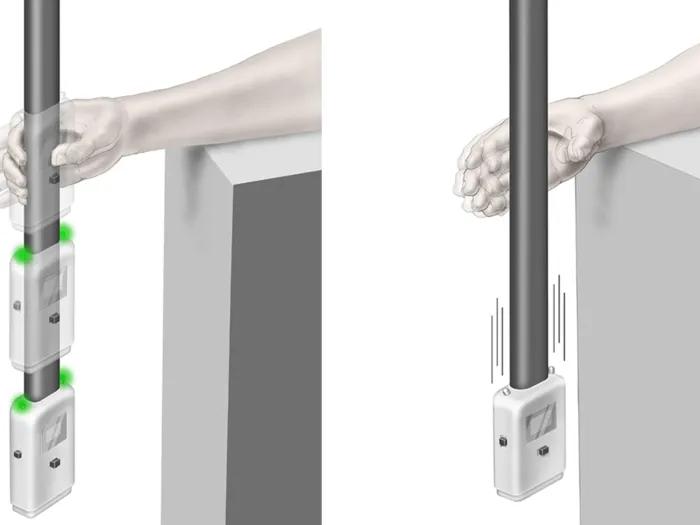 On left side, a ReacStick is being dropped. A hand is reaching out to grab the stick with green lights illuminated. On the right side, the ReacStick is being dropped with no lights illuminated. The hand is letting the stick fall. 