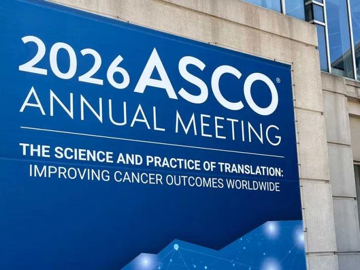 Photo of the ASCO 2026 sign outside the conference center