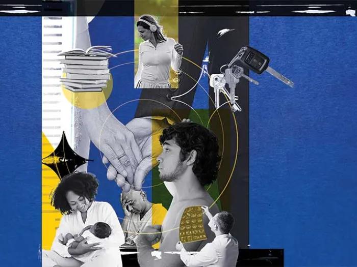 Collage of images showcasing a young man, a young woman, a doctor and a mother with a baby