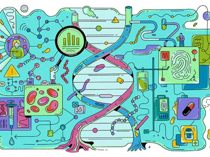 An illustration showing how patients' medical information becomes anonymous data which demonstrates trends, commonalities, etc.