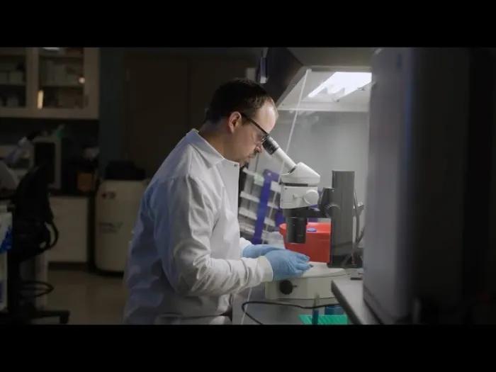Dr. Welch looking through microscope in the lab