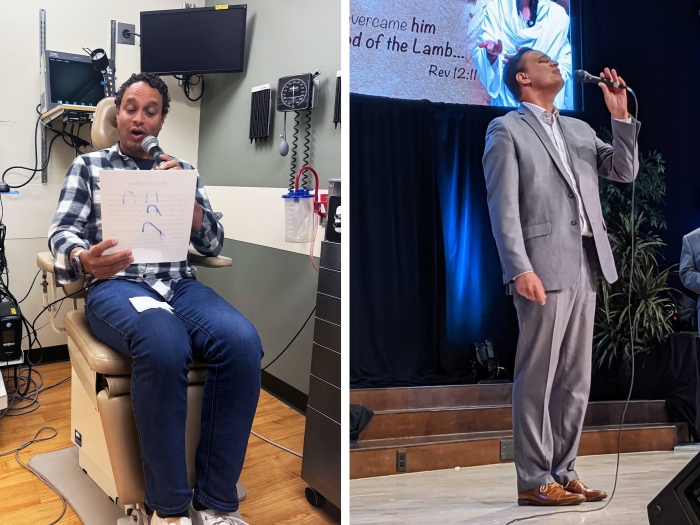 same man singing sitting on left in exam room as man standing singing on right