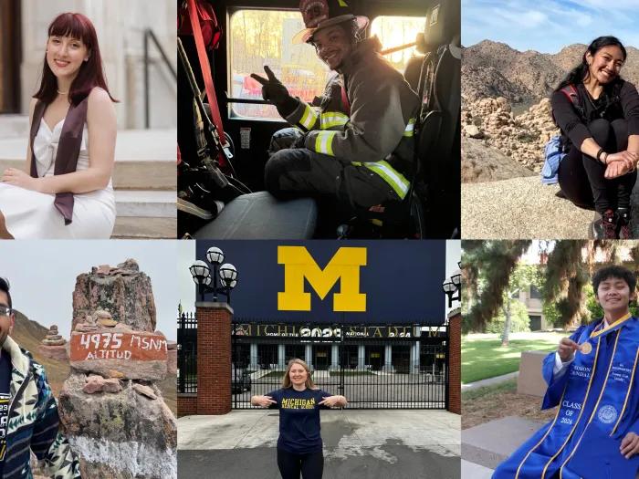 Six-photo collage of students and alumni in graduation, outdoor, service, and University of Michigan settings, including people posing in regalia, hiking landscapes, a fire truck, and in front of the Michigan Stadium gate with the large maize “M.”