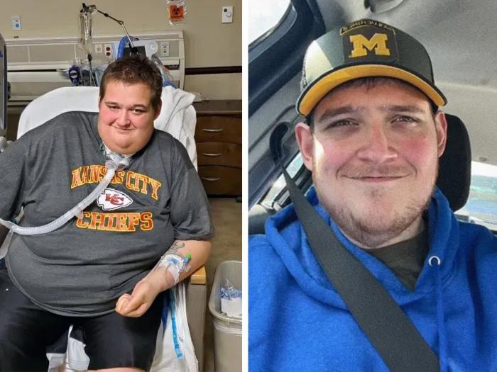 Before and after photos of a patient in the hospital with a breaking tube and later in his car after surgery closed his tracheostomy.