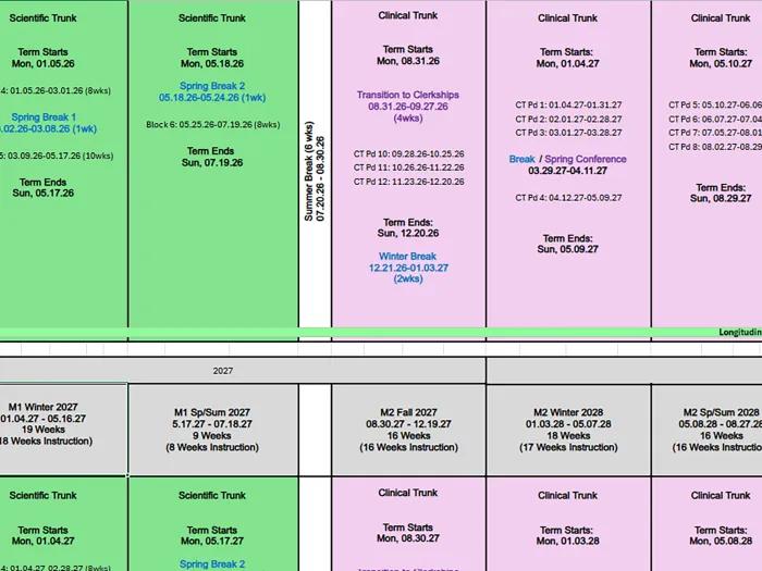 screenshot of the MD program academic calendar 