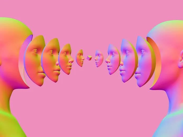 pink background faces facing eachother look accordian like and going bigger to smaller towards eachother