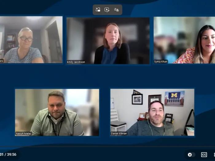screenshot of the taping of the podcast episode, showing 5 speakers on zoom