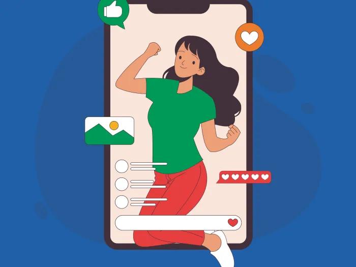 Graphic of a woman using social media with thumbs up and heart emojis