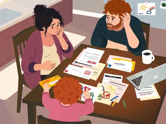 Graphic of parents stressed about bills