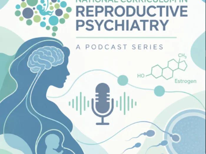 National Curriculum in Reproductive Psychiatry podcast artwork showing a pregnant individual, their brain, and a microphone
