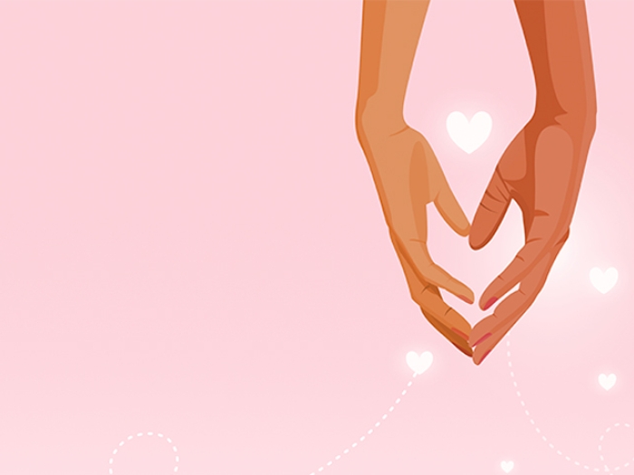 hands fingers touching pink hearts pink background