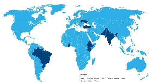 World map highlighting international partner countries