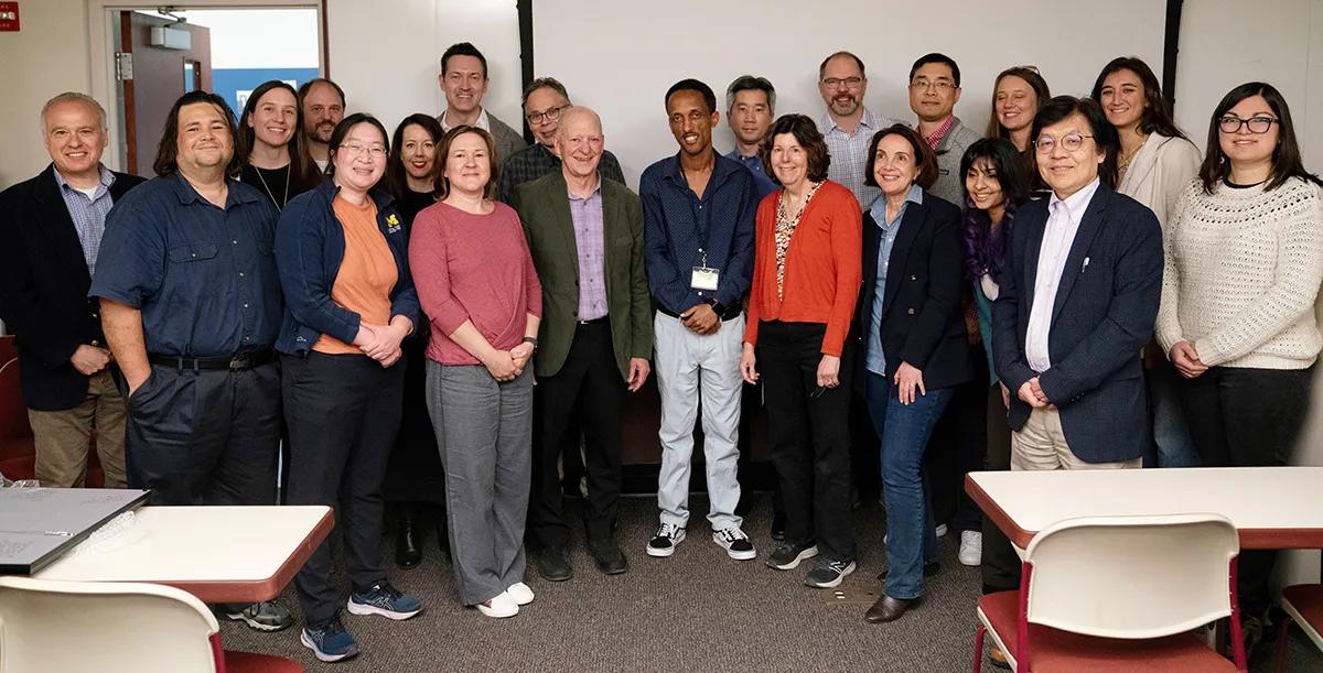 Photo of the Swanson lab, left to right: Gustavo Rosania, William Feliciano, Lee Shaughnessy, Michael Davis, Amanda Wong, Lynn Kamen, Timothy Welliver, Rebecca Henry, Ken Christensen, Joel Swanson, Biniam Tebeje, Albert Tsang, Esther Racoosin, Adam Hoppe, Stephanie Seveau, Youxin Zhang, Matangi Marthi, Natalie Thiex, Nobukazu Araki, Isabella Gaeta and Olivia Alge, Last Departmental Lecture reception, April 25, 2024