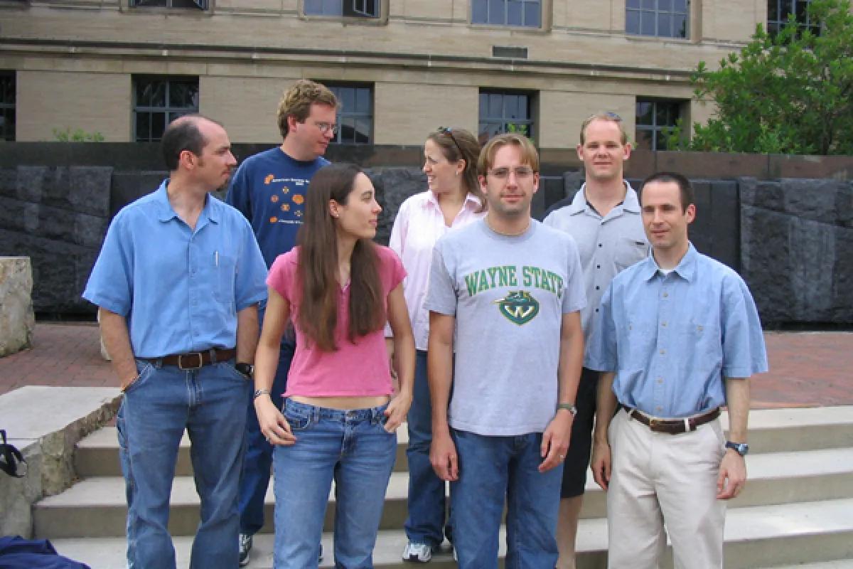 Spindler Lab past and present at ASV 2005 at Penn State. Left to right, Clayton Beard, Marty Moore, Lisa Gralinski, Amanda Welton, Greg Stempfle, Scott Fisher, Jason Weinberg
