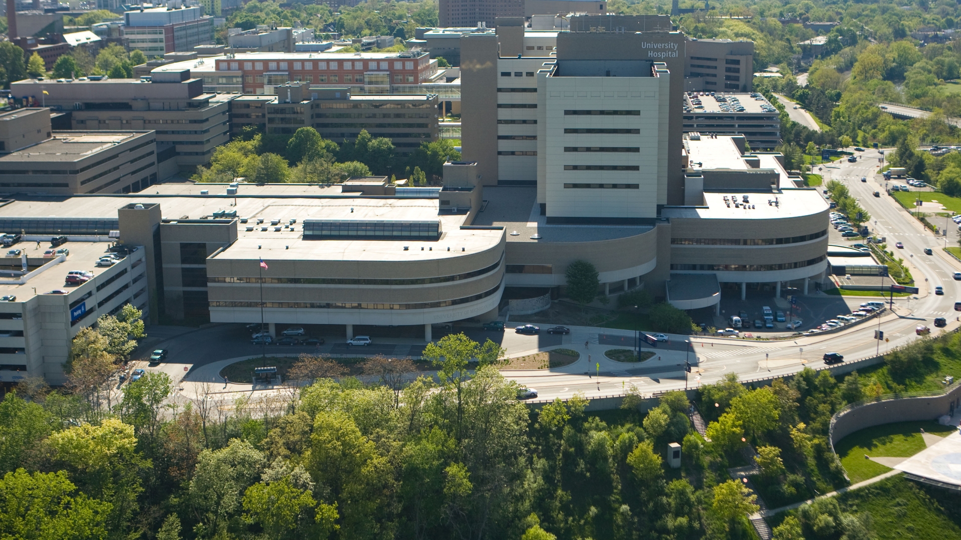 exterior aerial view of the taubman health center with the university hospital in the background