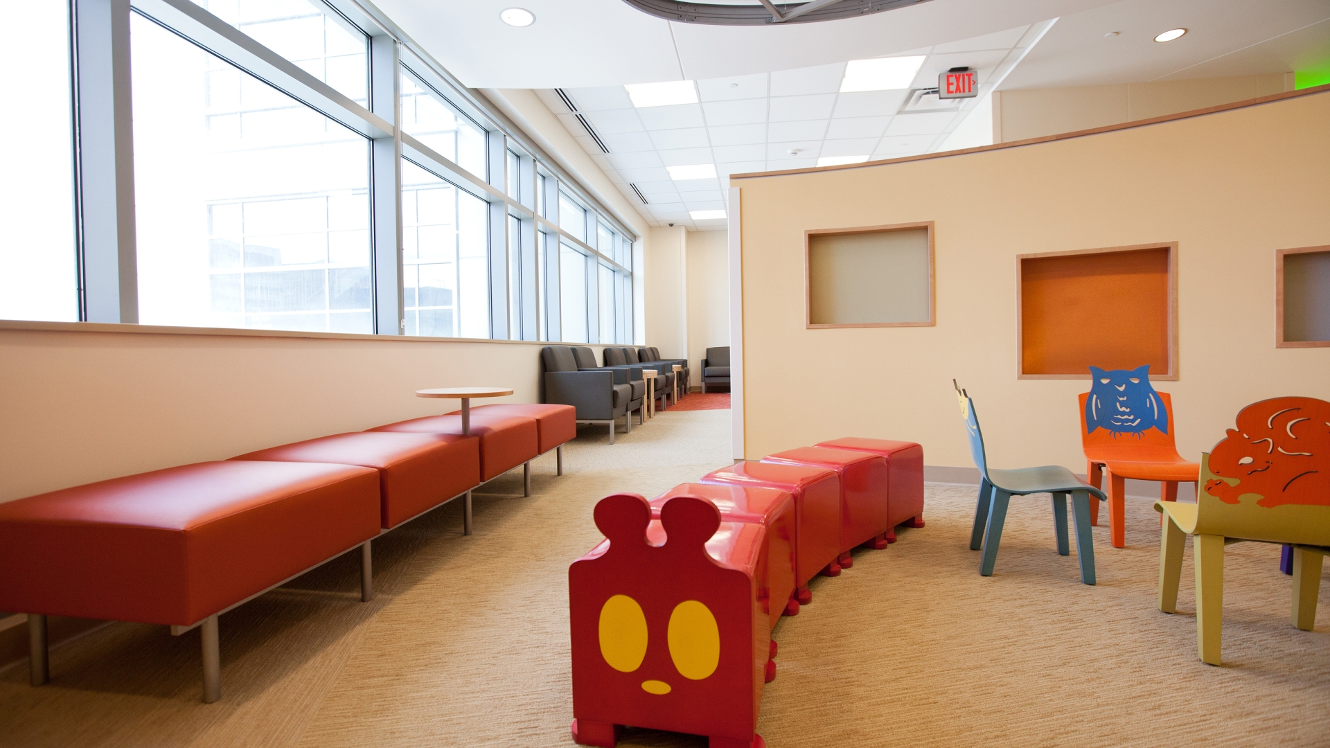 empty waiting room with colorful benches