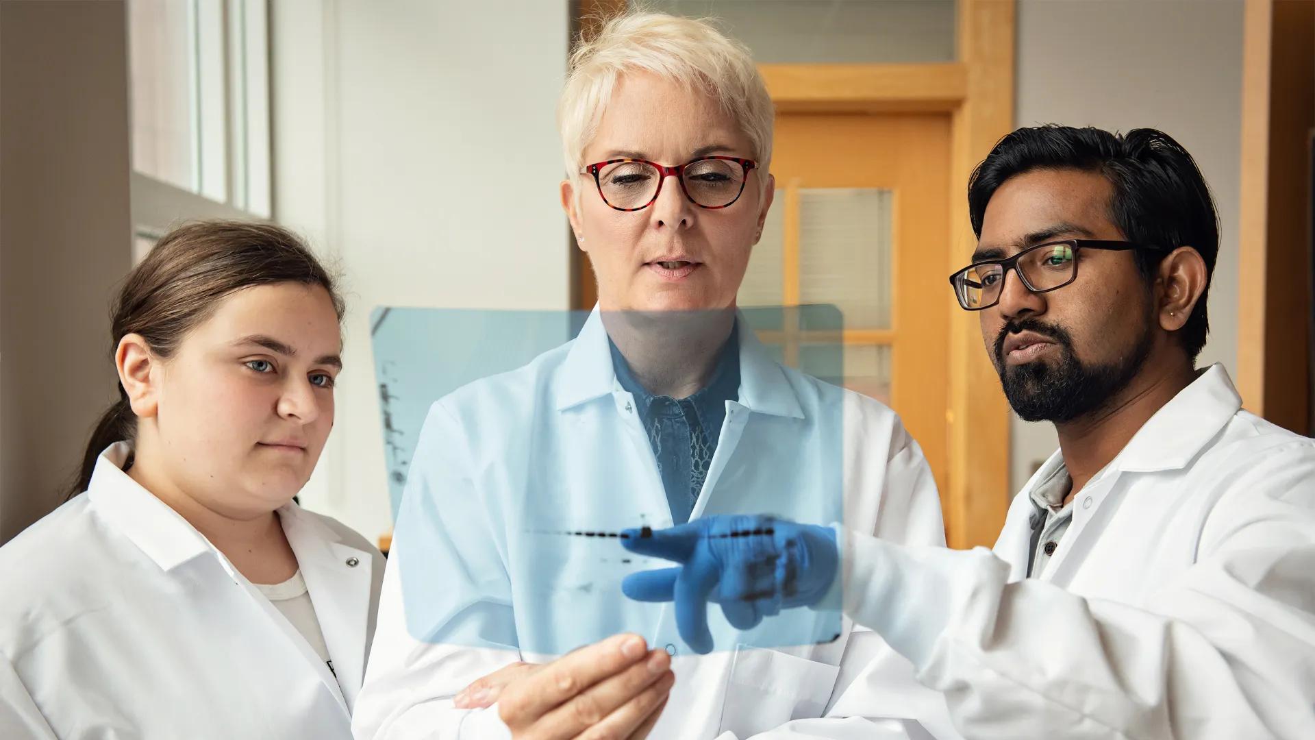 Group of two females and one male wearing white coats and looking at a pale blue transparency 