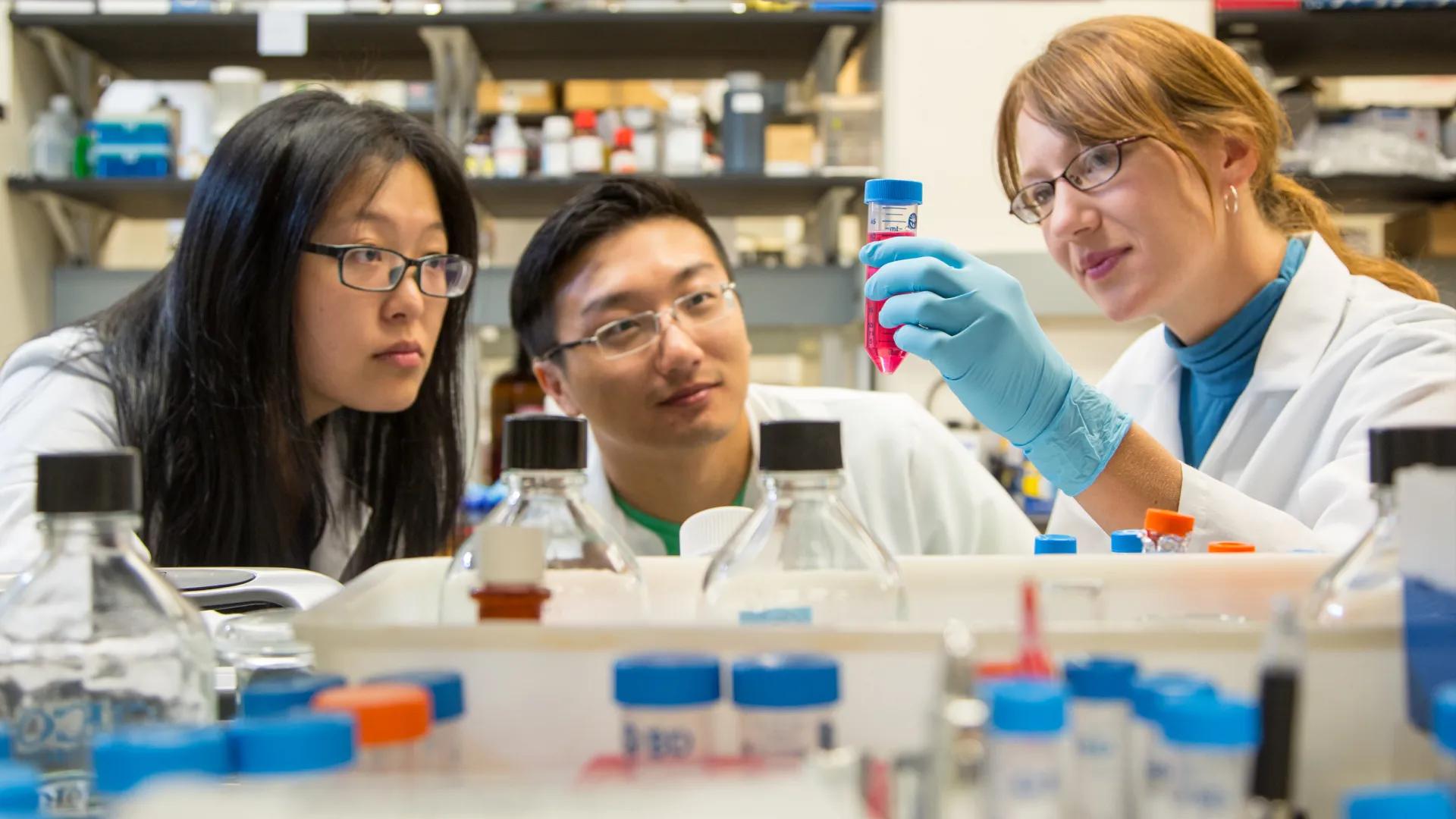 Three people working with equipment in a lab