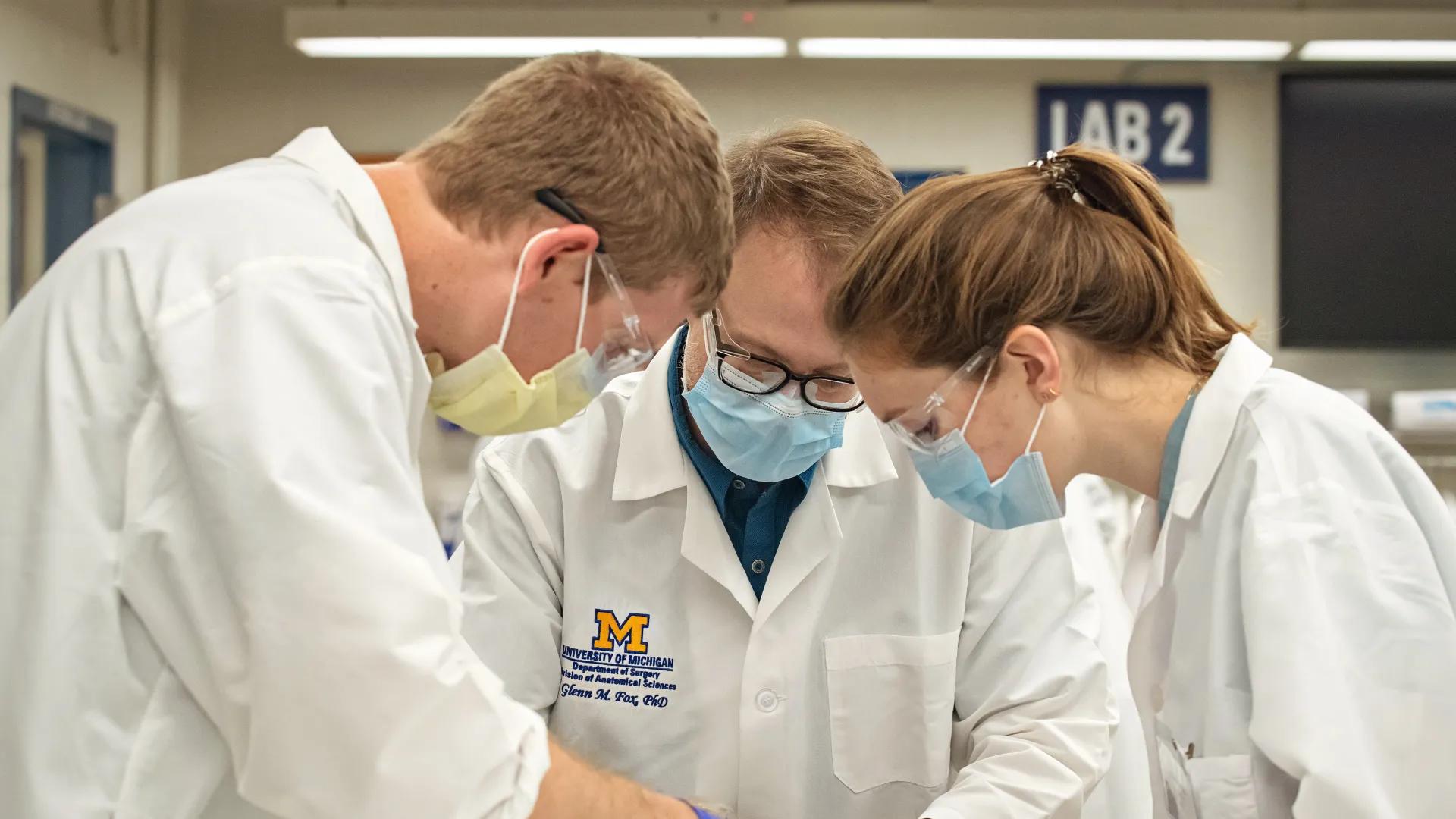 Dr. Fox working with two students in the anatomy lab