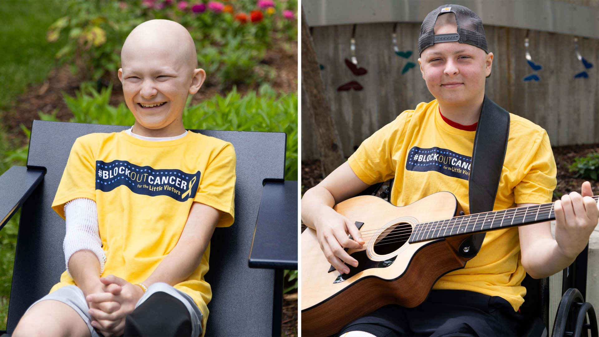 two boys sitting in two different pictures smiling at camera, on the right with guitar 
