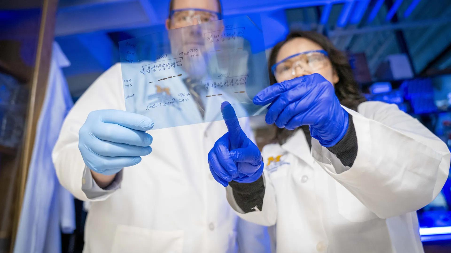 Two people in white coats and goggles looking at a transparent slide