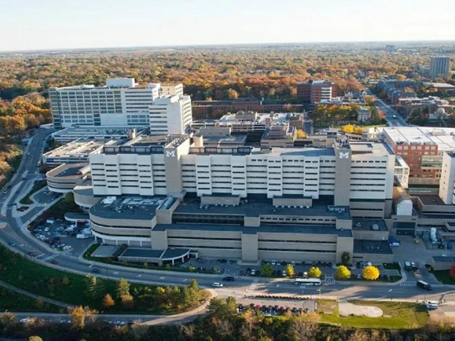 Aerial view of University of Michigan Health hospital located in Ann Arbor, Michigan.