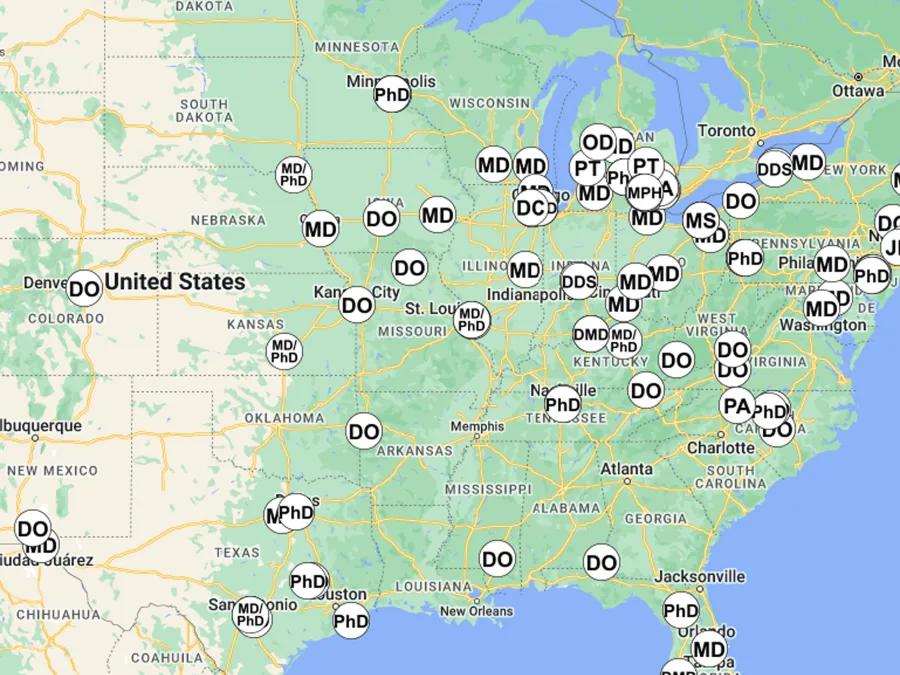 google map of united states with doctor locations 