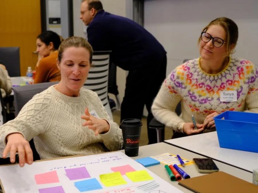 Meg Wolff discussing notes at a RISE Workshop.