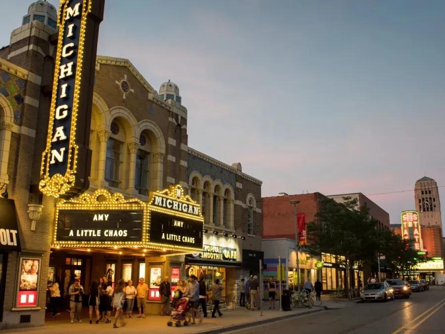 Michigan Theater and Liberty Street in Ann Arbor at sunset