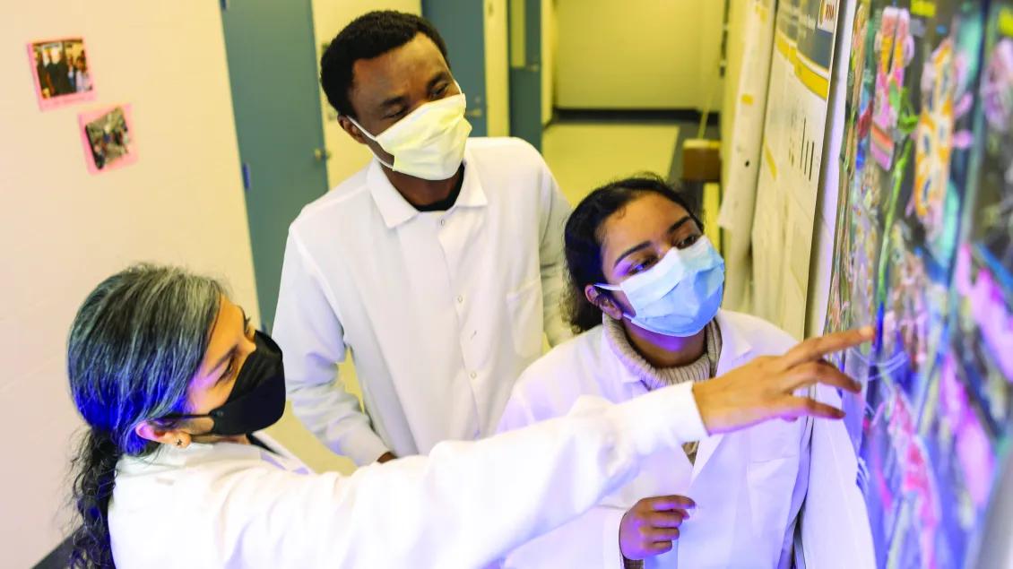 People in masks pointing to data on a board
