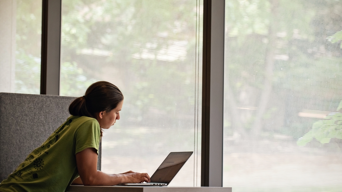 Woman on a laptop by a window