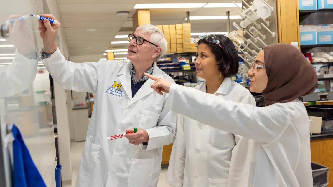 Three researchers in Isom lab do work on the white boards 