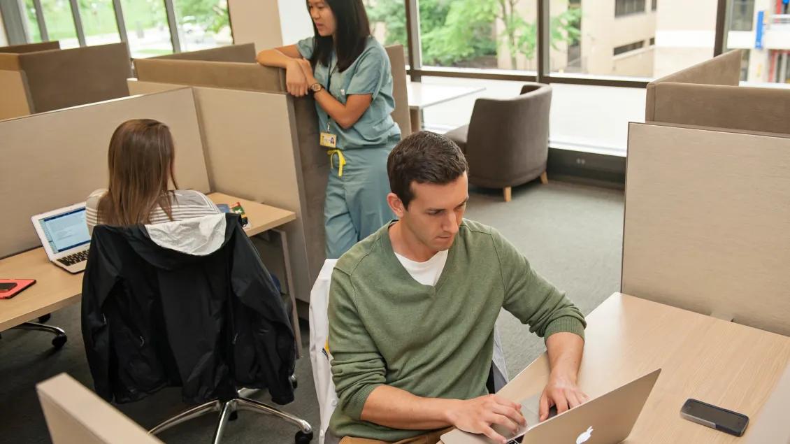 Staff working in cubicle in facility