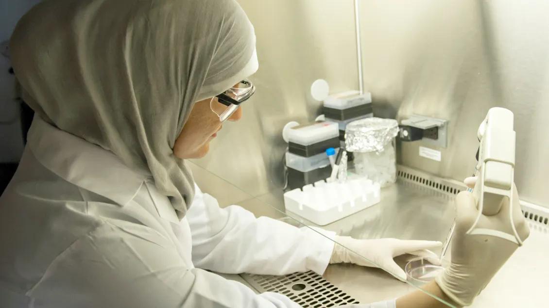 Person working in a lab with a petri dish