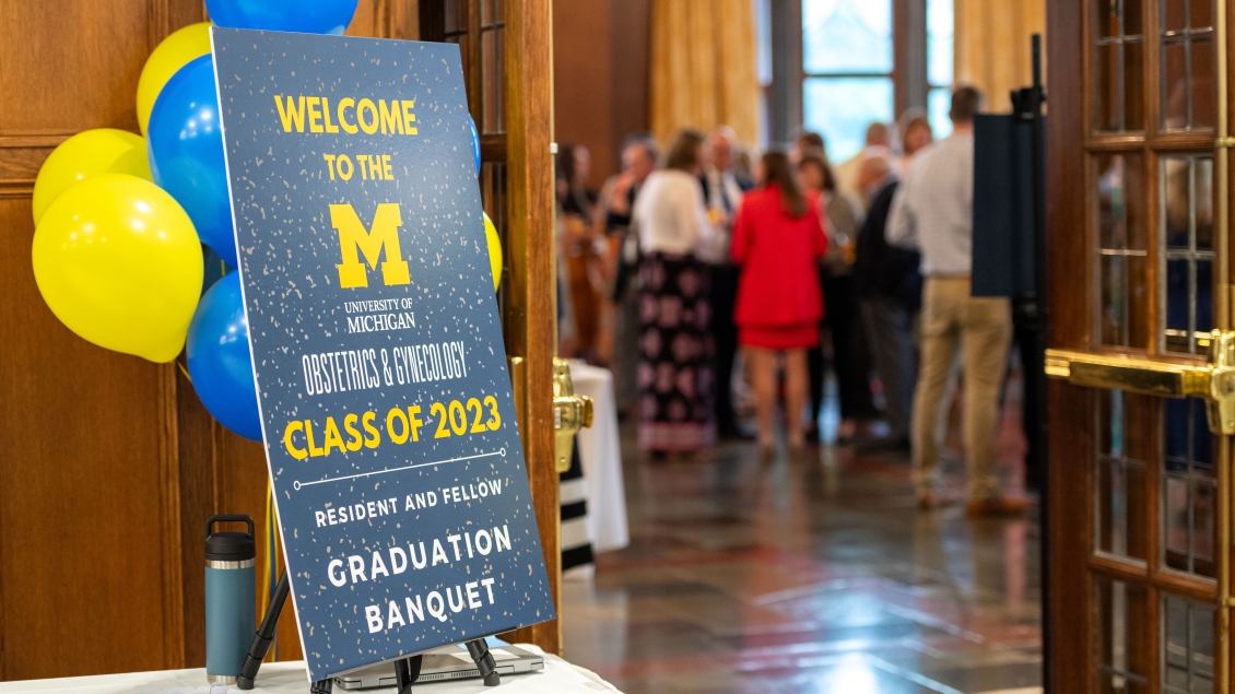 Welcome sign at the 2023 OBGYN residency graduation