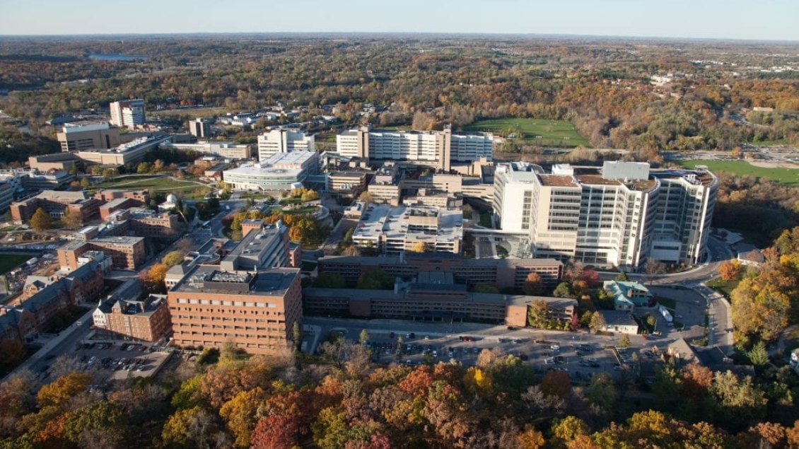 Aerial view of U-M Health and surrounding in Ann Arbor, Michigan.