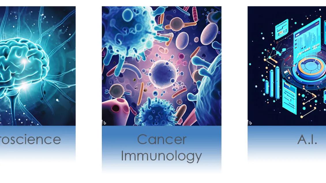 Graphic with three different boxes showing an image of the brain, cells, and technology. Underneath the boxes is written 'Neuroscience, Cancer and Immunology, and A.I.' respectively