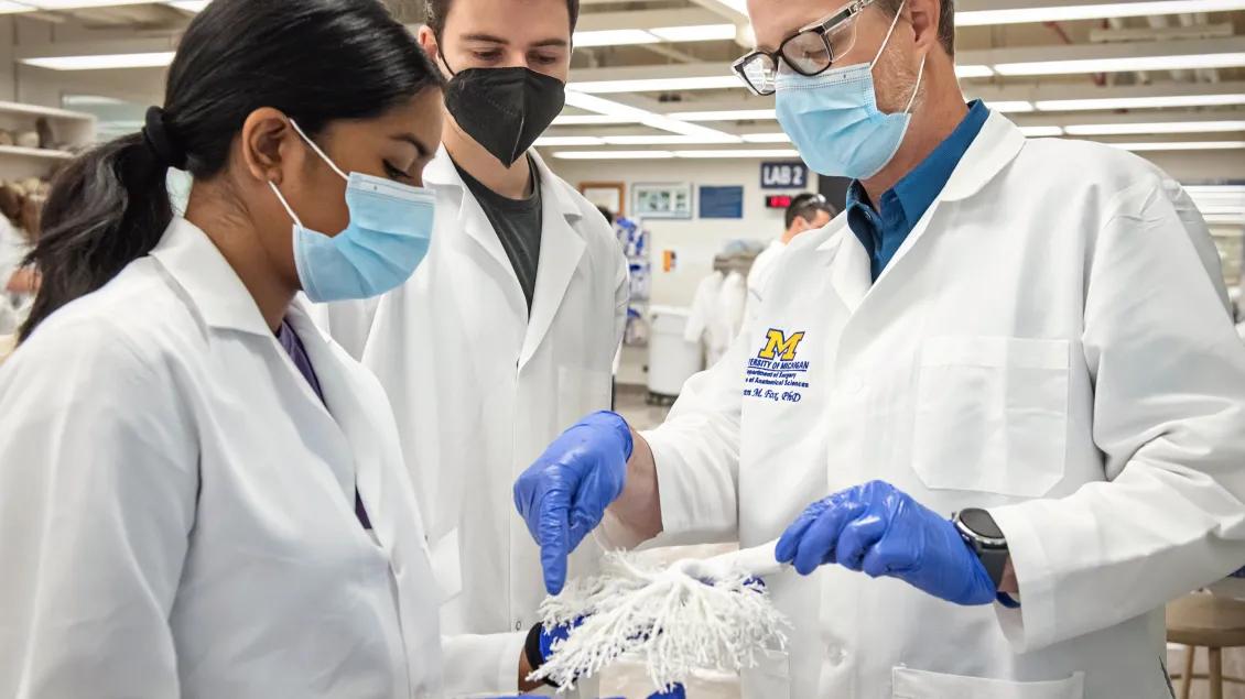 Glenn Fox describing a plasticized lung vasculature for two students