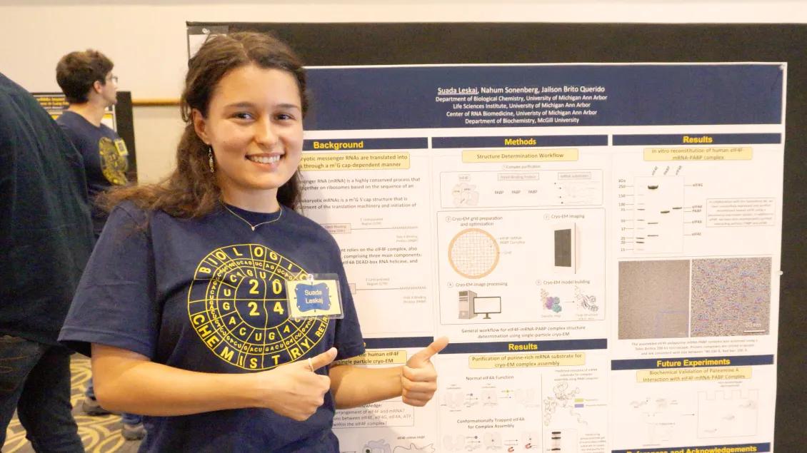 PhD learner in front of a poster