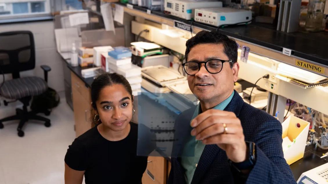 Two people looking at slide results