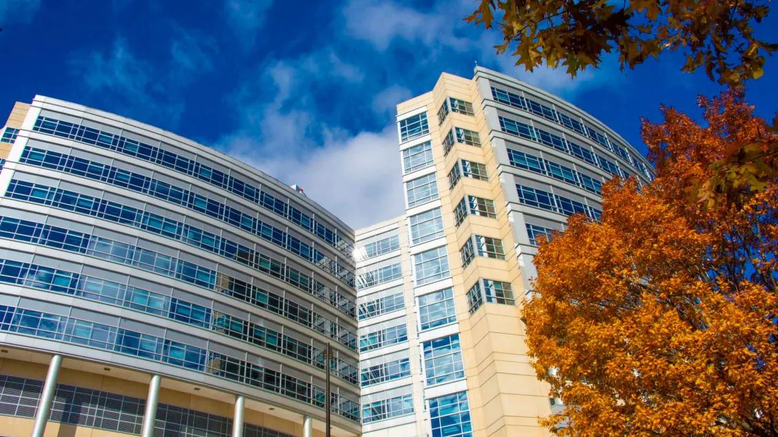 C.S. Mott Children's Hospital and trees with autumn leaves