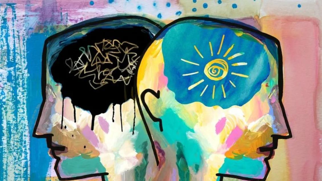 Colorful abstract painting of two human heads back-to-back.