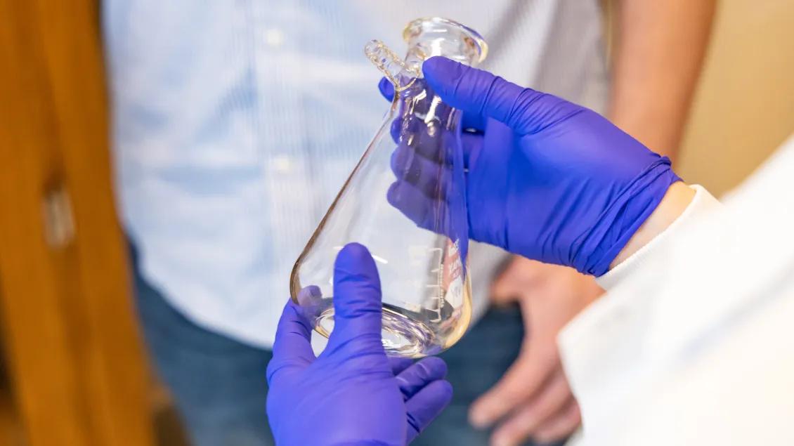 Person wearing purple gloves holding a clear glass laboratory flask